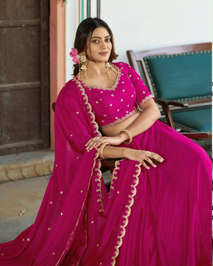 Rani Pink Color Chinon Silk Embroidered Glamorous Lehenga Choli