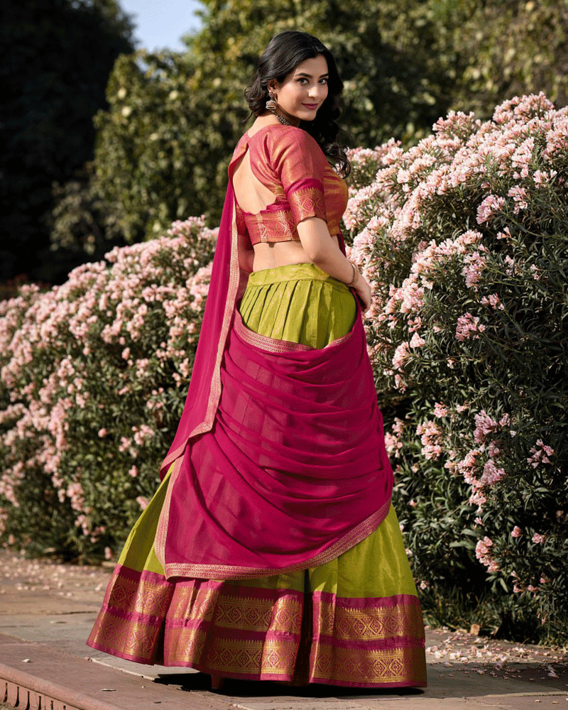 Designer Parrot Green Kanchipuram Half Saree