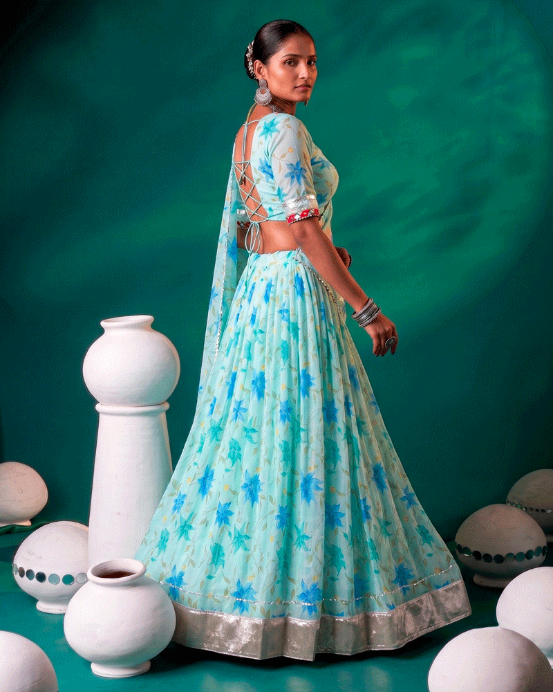 Light Pista Color Floral Printed Designer Lehenga Set