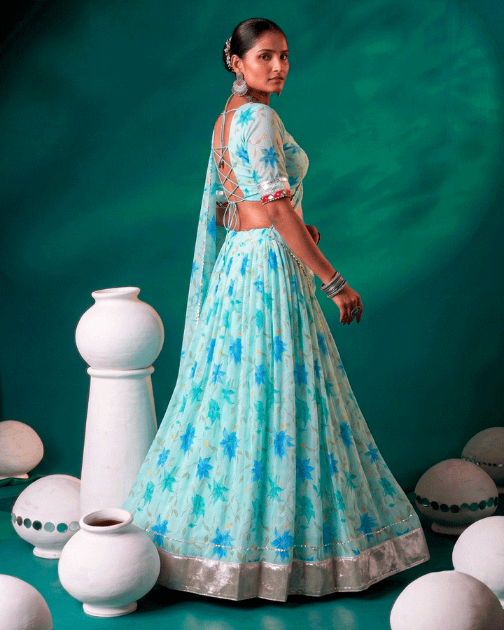 Light Pista Color Floral Printed Designer Lehenga Set
