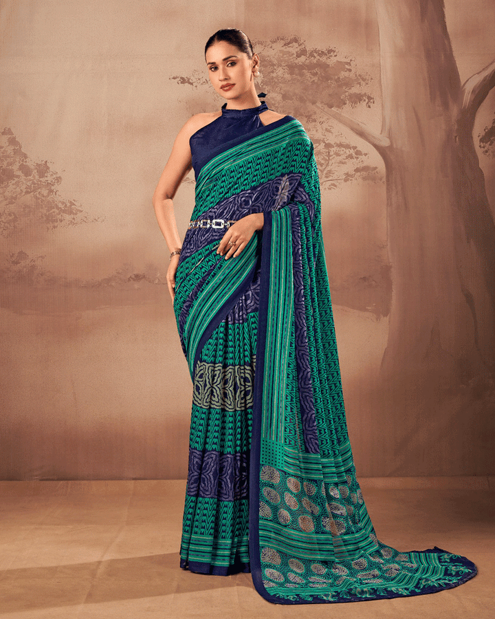 Designer Firozi Color Geometric Printed Saree