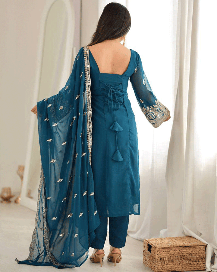 Rama Color Embroidered Traditional Kurta Pant Dupatta Set