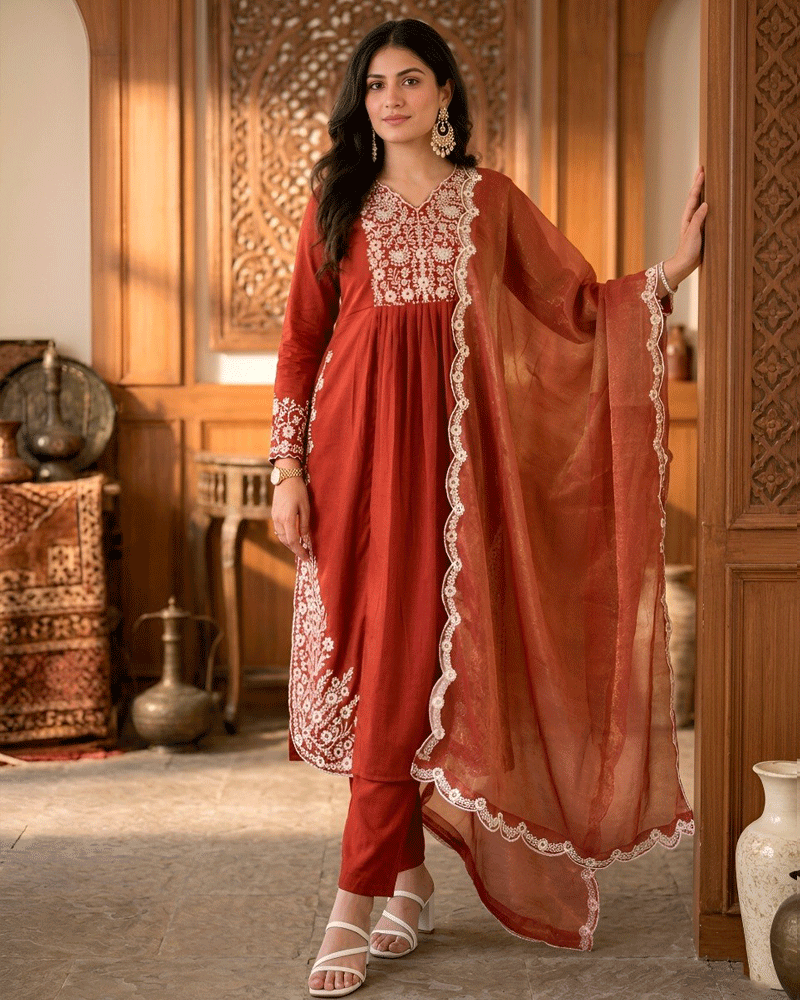 Rust Orange Color Maska Cotton Kurta Pant Dupatta Set
