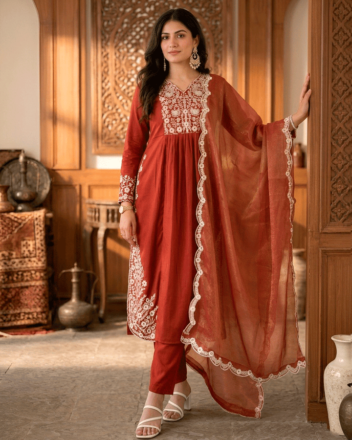 Rust Orange Color Maska Cotton Kurta Pant Dupatta Set