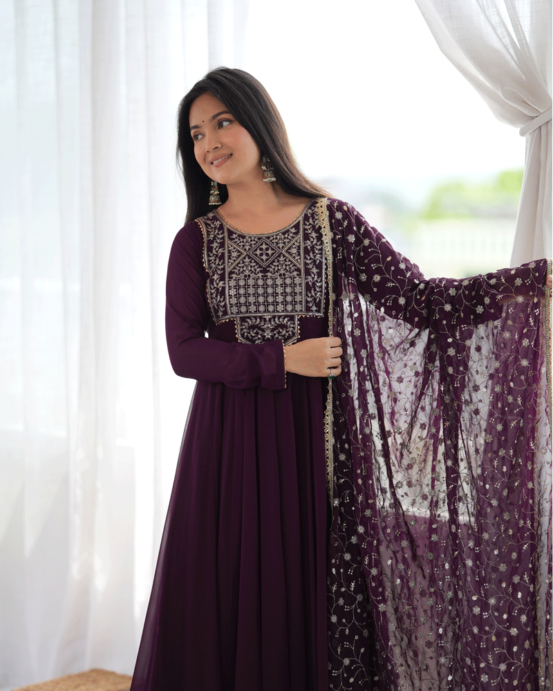 Wine Purple Color Georgette Embroidered Anarkali Suit