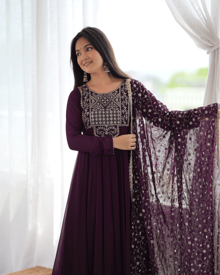 Wine Purple Color Georgette Embroidered Anarkali Suit