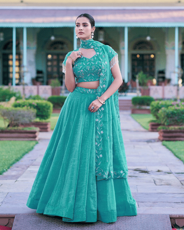Aqua Green Gold Coin Embroidered Lehenga Choli