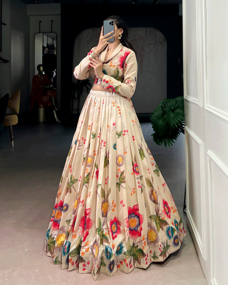 Cream Tasar Silk Multi Printed Lehenga Choli
