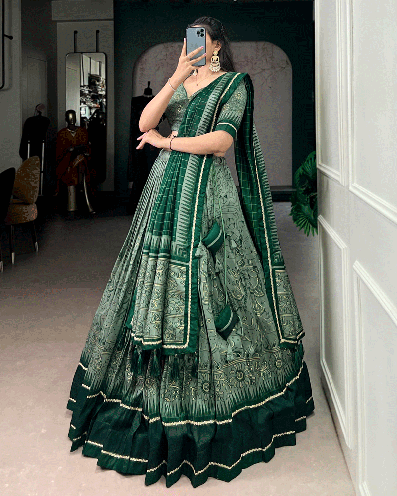 Green Color Kalamkari Printed Flared Lehenga Choli Set