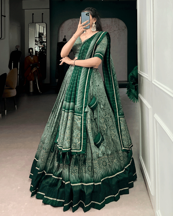 Green Color Kalamkari Printed Flared Lehenga Choli Set