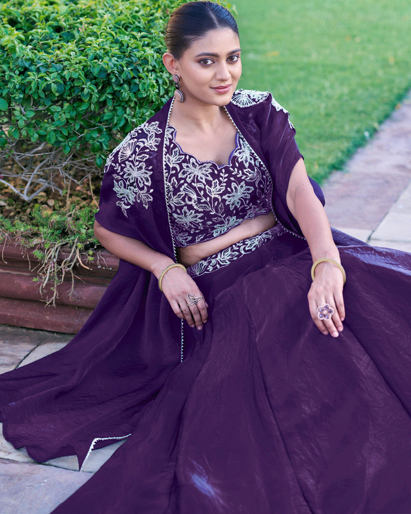 Royal Purple Embroidered Lehenga Choli With Flowing Cape Dupatta