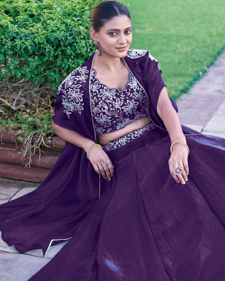 Royal Purple Embroidered Lehenga Choli With Flowing Cape Dupatta