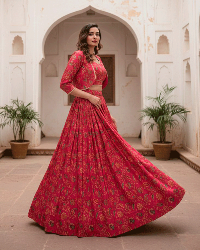 Royal Berry Floral Print Silk Lehenga Choli Set