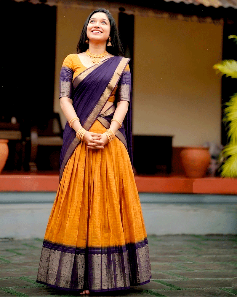 Designer Mustard Color Dola Silk Half Saree