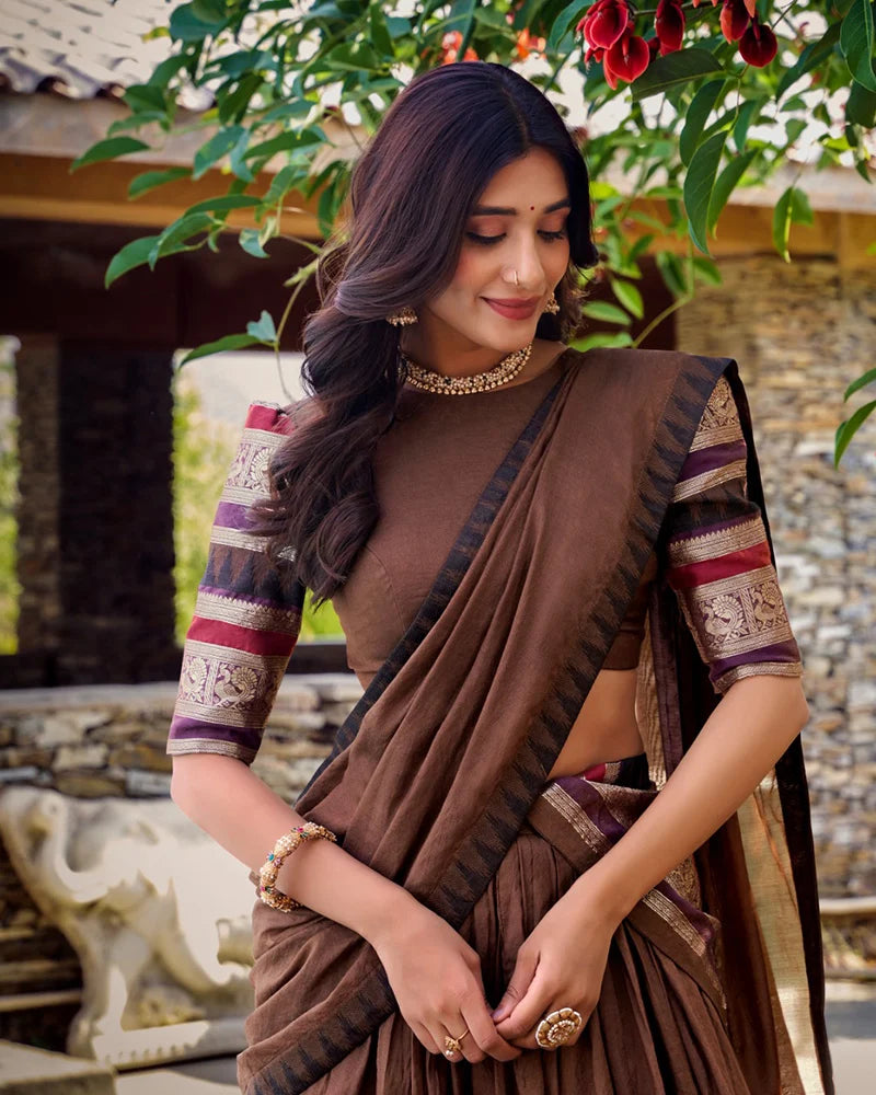 Traditional Brown Color Pure Chanderi Lehenga Choli