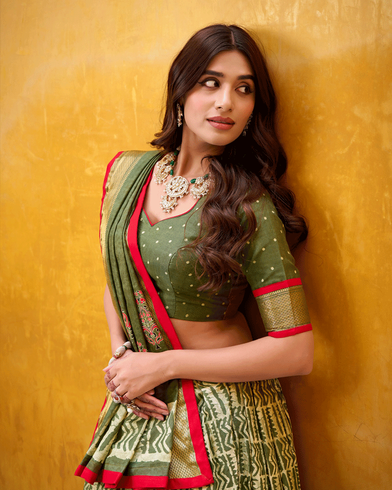 Mehndi Color Ethnic Batik Printed Lehenga Set