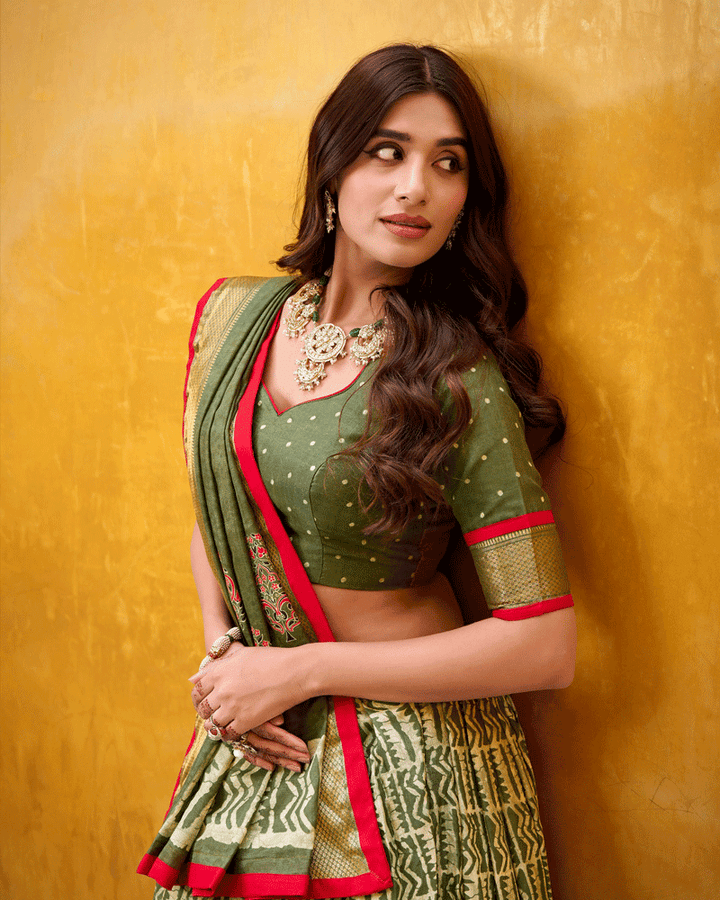 Mehndi Color Ethnic Batik Printed Lehenga Set