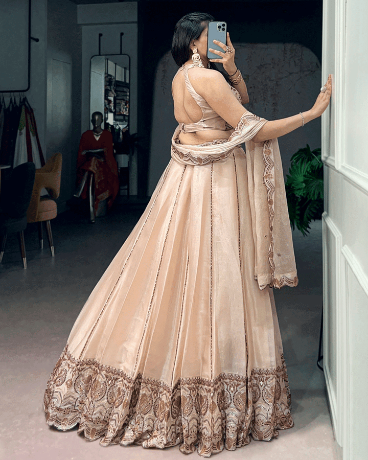 Elegant Beige Paisley Embellished Spider Crush Lehenga Choli