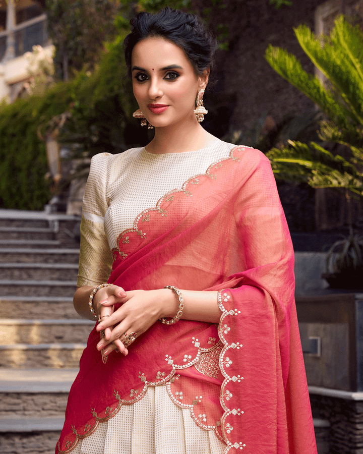 Pink Color Crafted Jacquard Chex Half Saree
