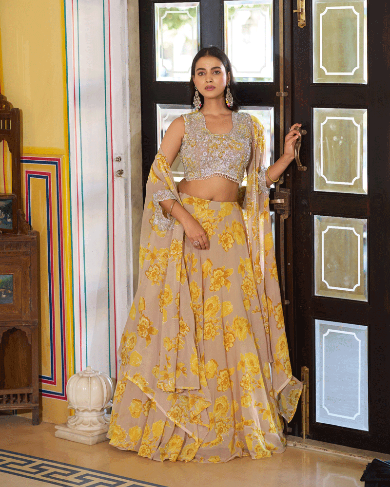 Mustard Georgette Embroidered Lehenga Choli