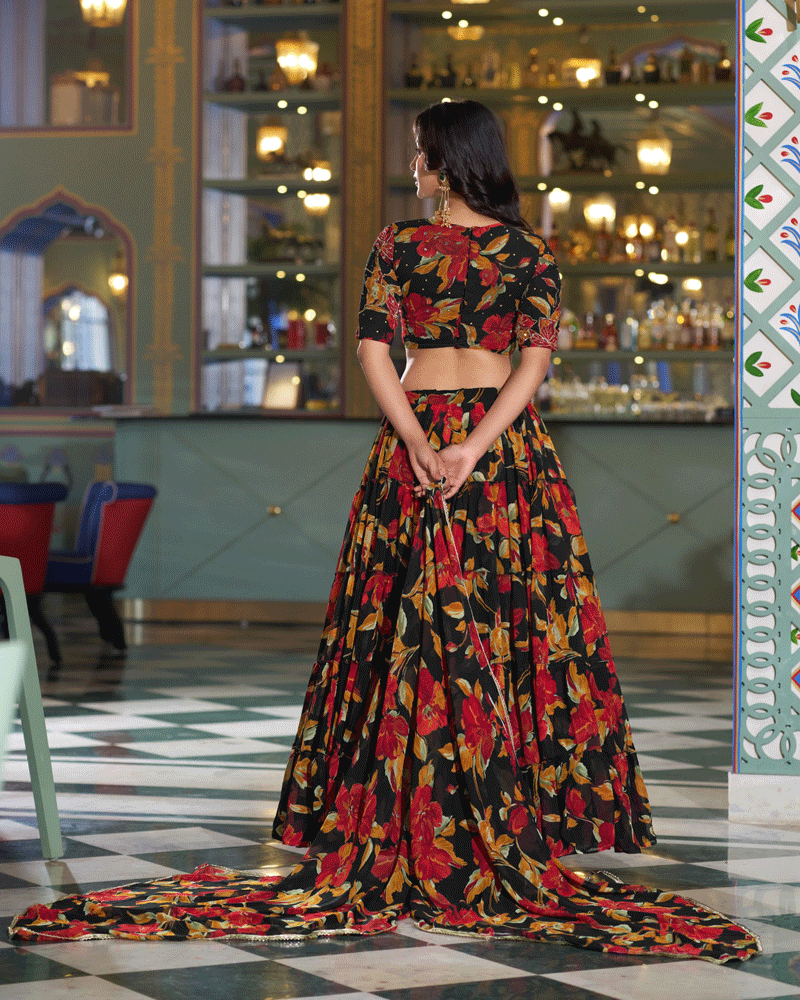 Designer Black Floral Printed Marble Lehenga Choli