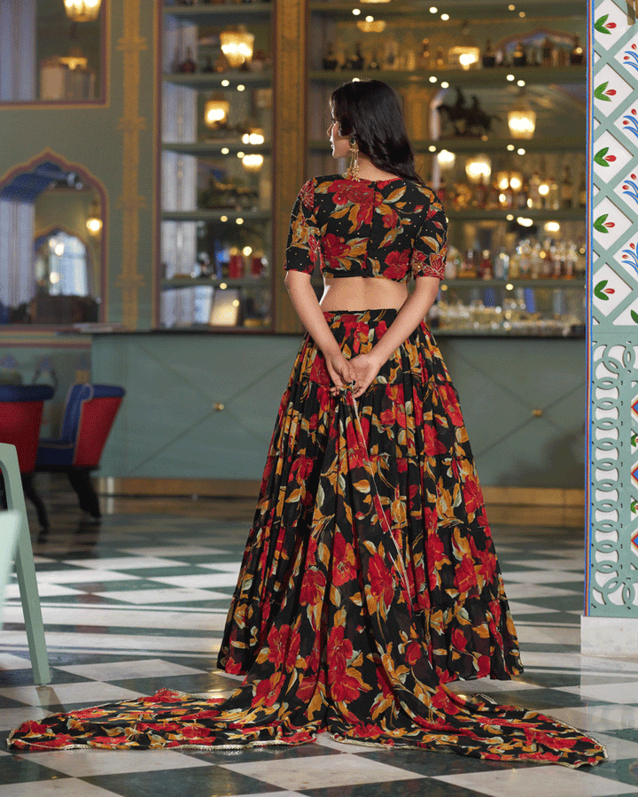 Designer Black Floral Printed Marble Lehenga Choli