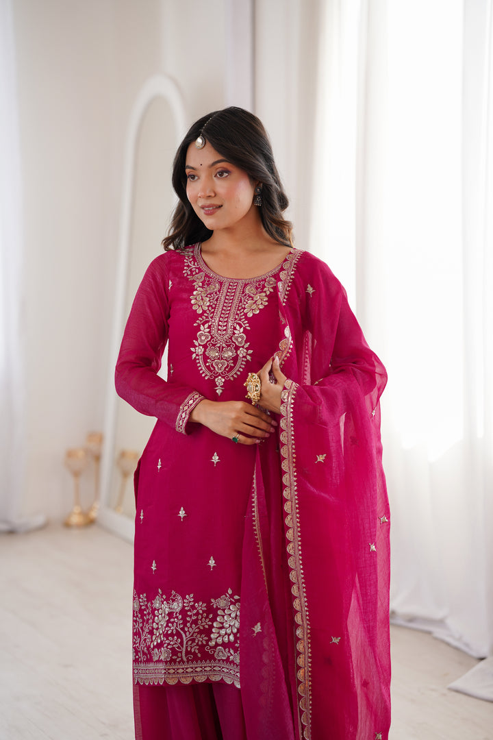 Rani Pink Silver Embroidered Silk Sharara Suit
