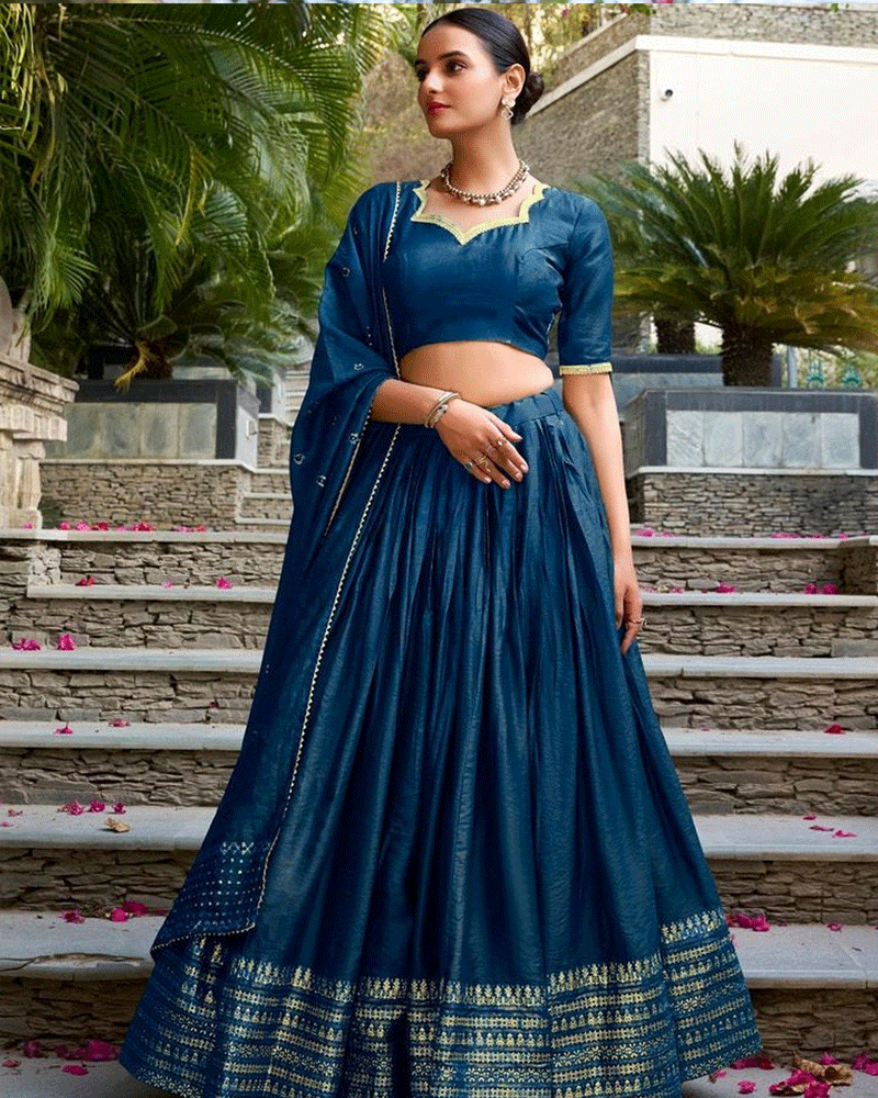 Royal Navy Blue Color Pure Chanderi Lehenga Choli