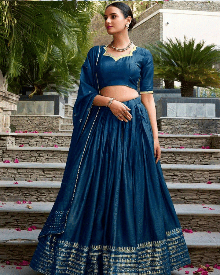 Royal Navy Blue Color Pure Chanderi Lehenga Choli