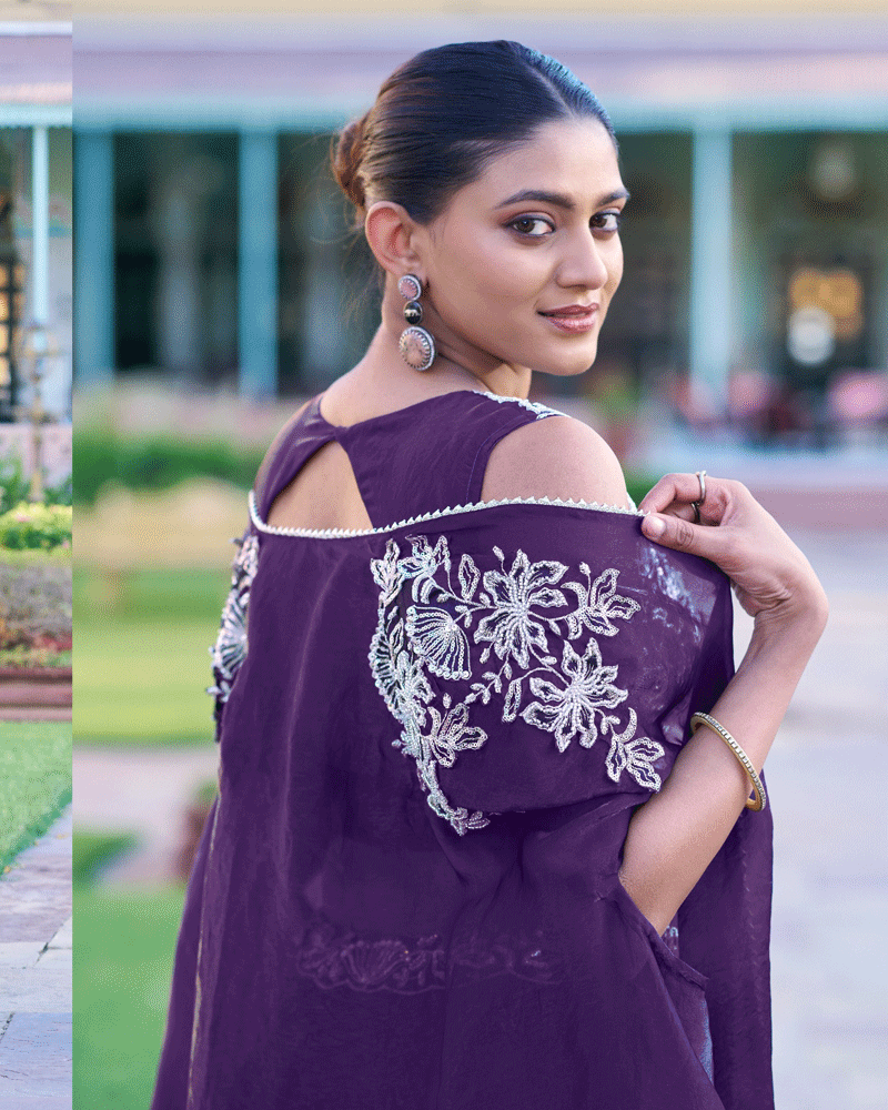 Royal Purple Embroidered Lehenga Choli With Flowing Cape Dupatta