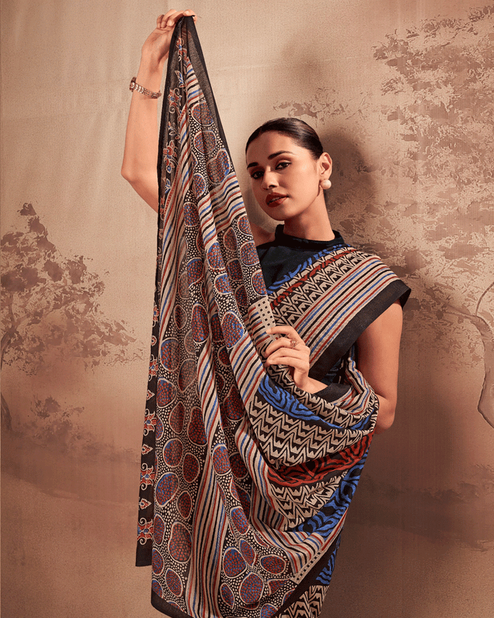 Designer Navy Blue Color Geometric Printed Saree