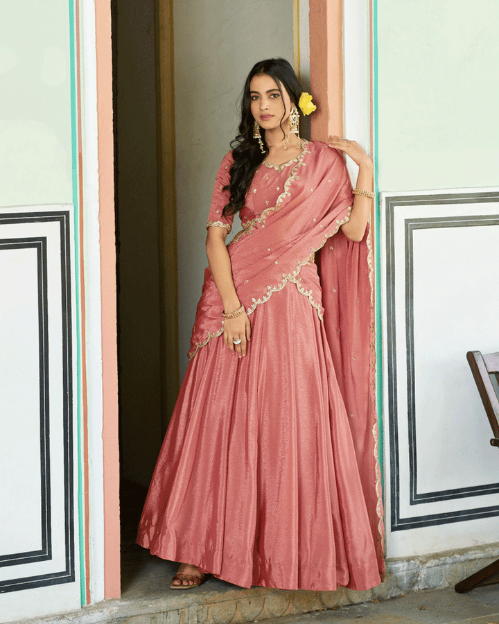Peach Color Chinon Silk Embroidered Glamorous Lehenga Choli