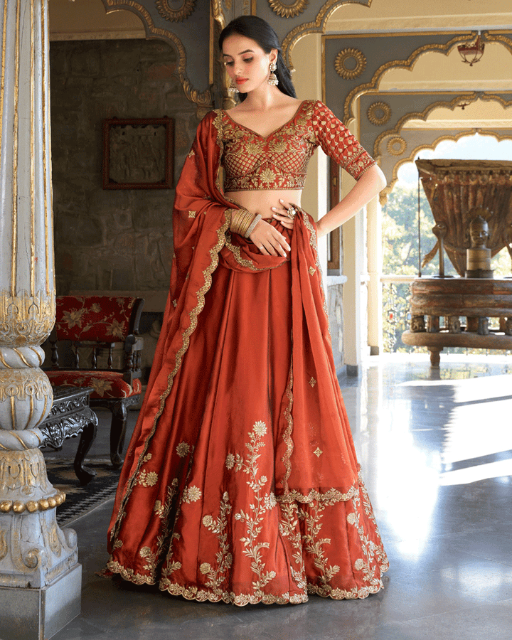 Rust Orange Floral Embroidered Rangoli Silk Lehenga Choli
