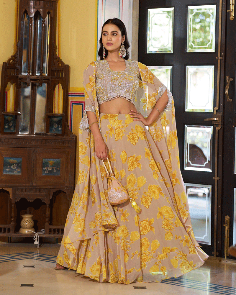Mustard Georgette Embroidered Lehenga Choli