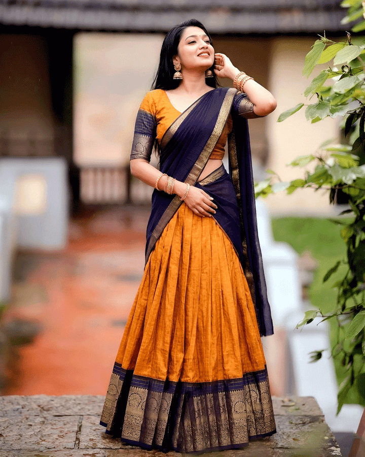 Designer Mustard Color Dola Silk Half Saree