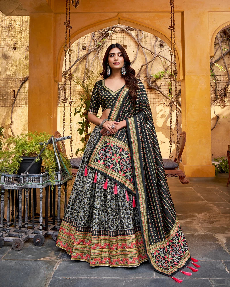 Black Color Sparkle Printed Silk Lehenga Choli