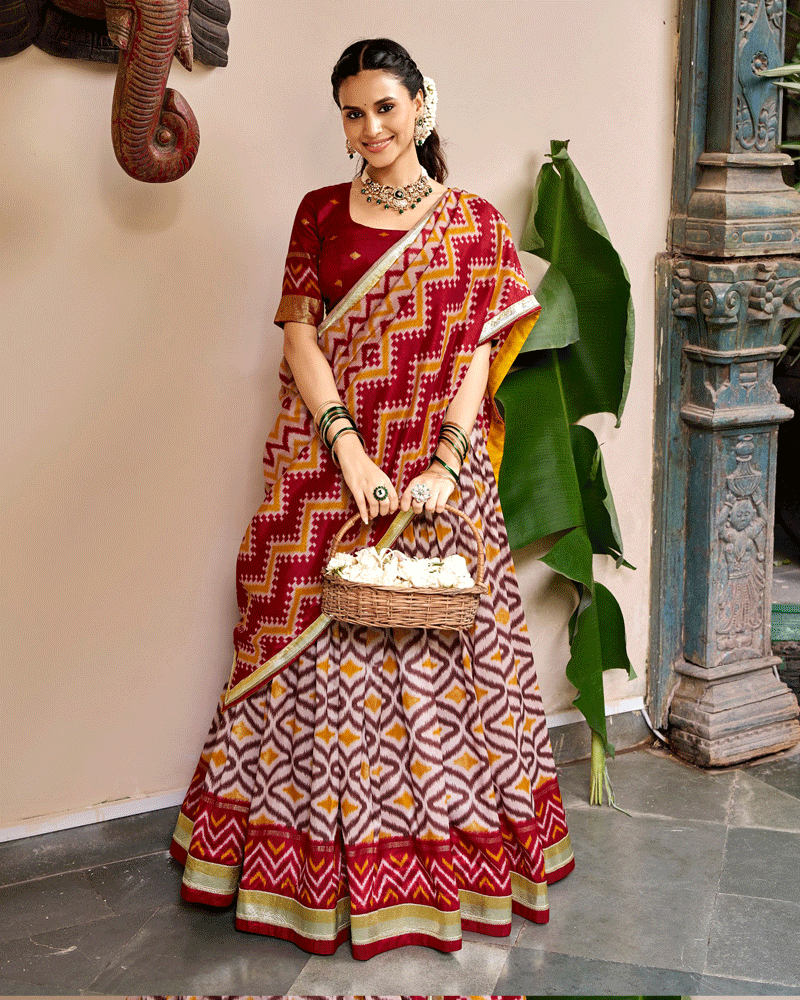 Elegant Maroon Color Tasar Silk Printed Lehenga Choli