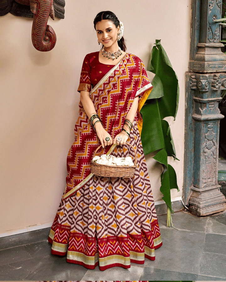 Elegant Maroon Color Tasar Silk Printed Lehenga Choli