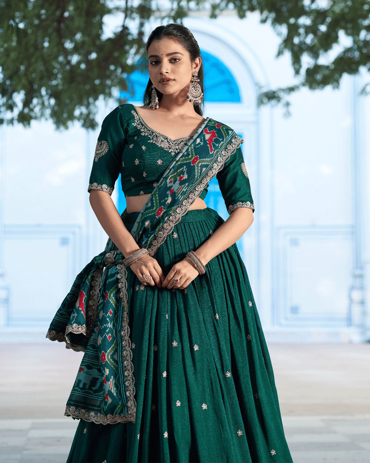 Ethnic Green Color Vichitra Silk Embroidered Lehenga Choli