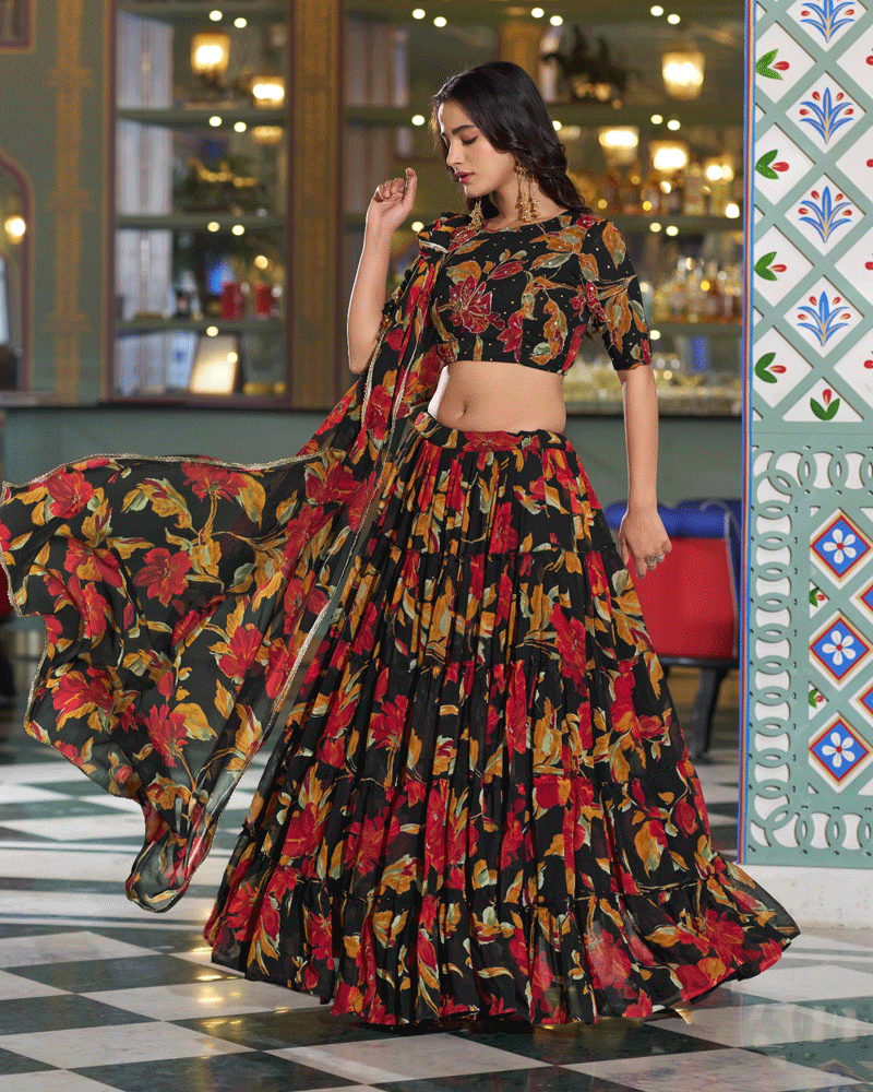 Designer Black Floral Printed Marble Lehenga Choli