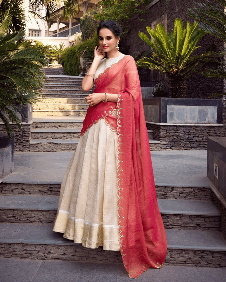 Pink Color Crafted Jacquard Chex Half Saree