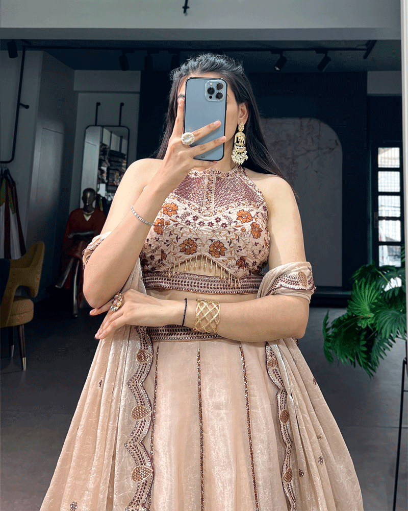 Elegant Beige Paisley Embellished Spider Crush Lehenga Choli