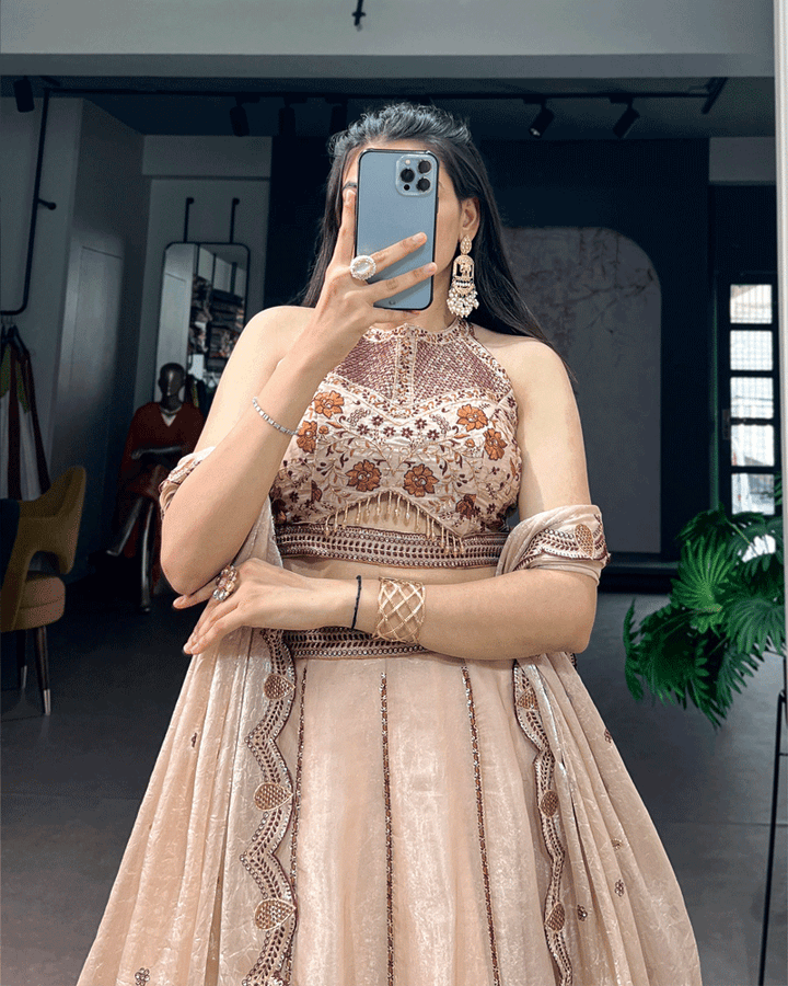 Elegant Beige Paisley Embellished Spider Crush Lehenga Choli
