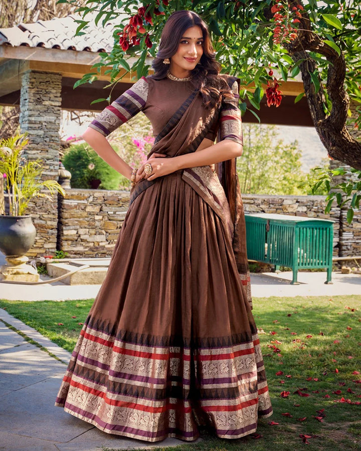 Traditional Brown Color Pure Chanderi Lehenga Choli
