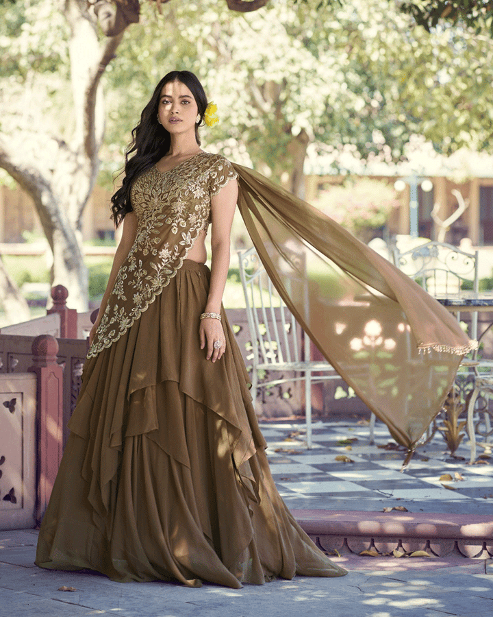 Elegant Olive Green Embroidered Layered Lehenga Choli