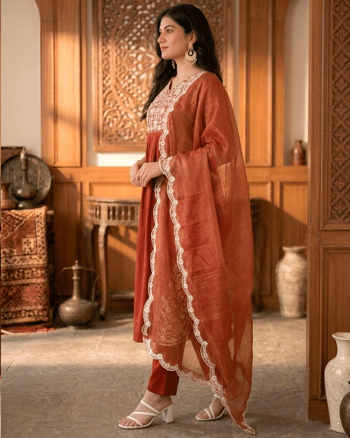 Rust Orange Color Maska Cotton Kurta Pant Dupatta Set