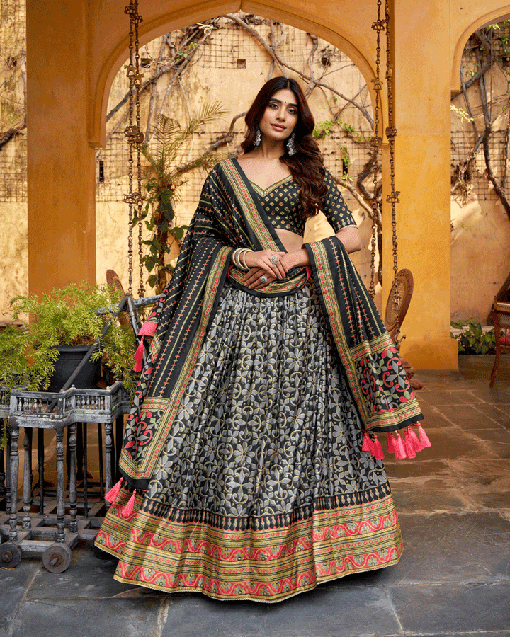 Black Color Sparkle Printed Silk Lehenga Choli