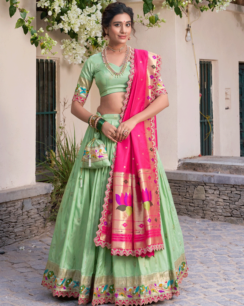 Pista Embroidered Jacquard Paithani Silk Lehenga Choli
