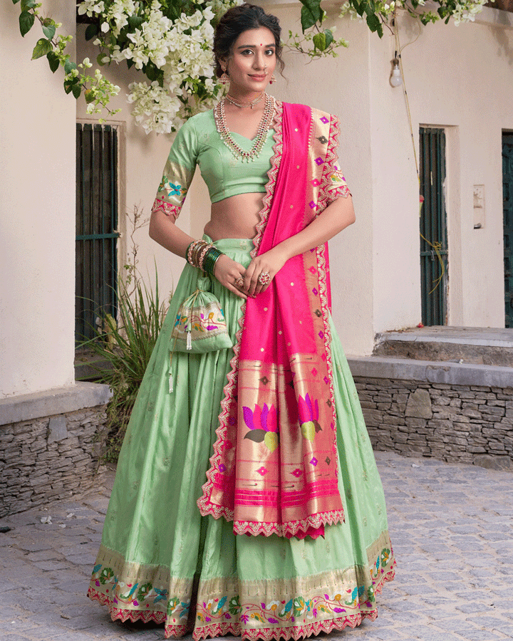 Pista Embroidered Jacquard Paithani Silk Lehenga Choli