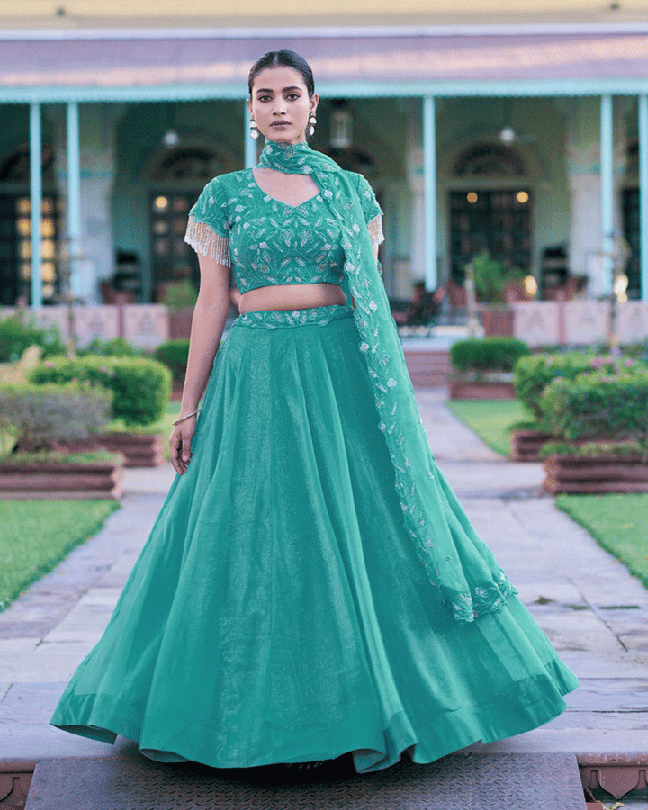 Aqua Green Gold Coin Embroidered Lehenga Choli